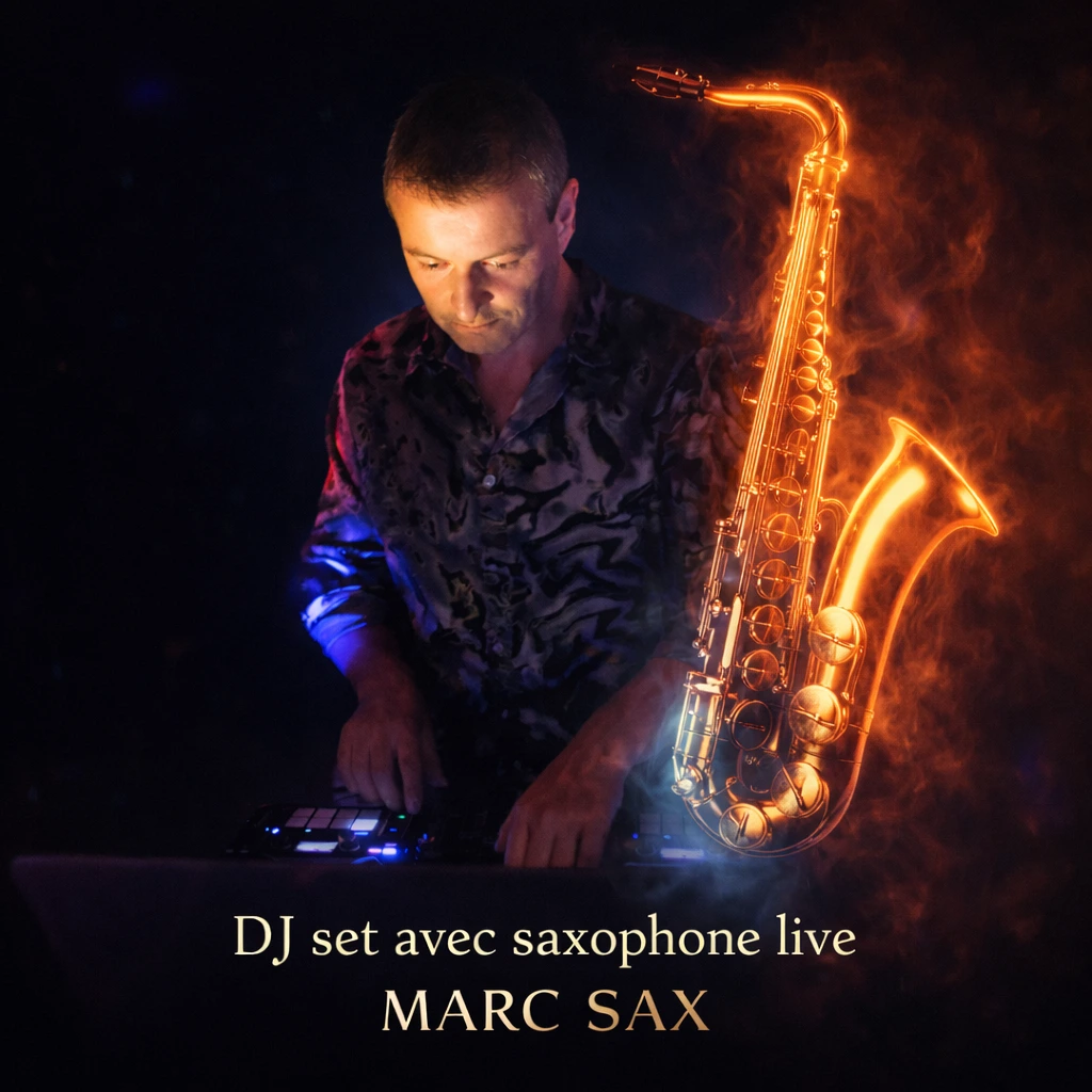 DJ Saxophoniste Marc Sax en performance live avec saxophone lumineux pour soirée événementielle.