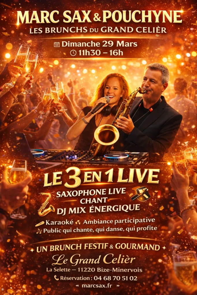 Brunch vigneron festif avec musique live Marc Sax et Pouchyne au Grand Celier Bize Minervois saxophone DJ karaoke
