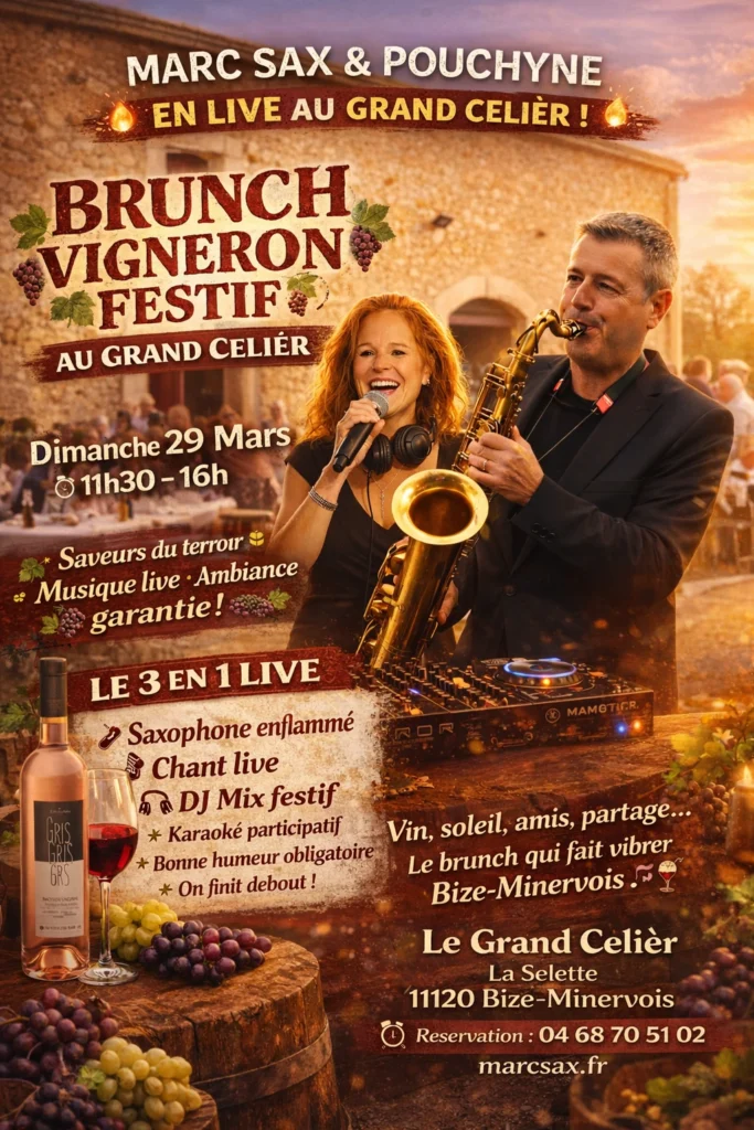 Brunch vigneron festif au Grand Celier Bize Minervois avec Marc Sax et Pouchyne saxophone live chant DJ set evenement musical