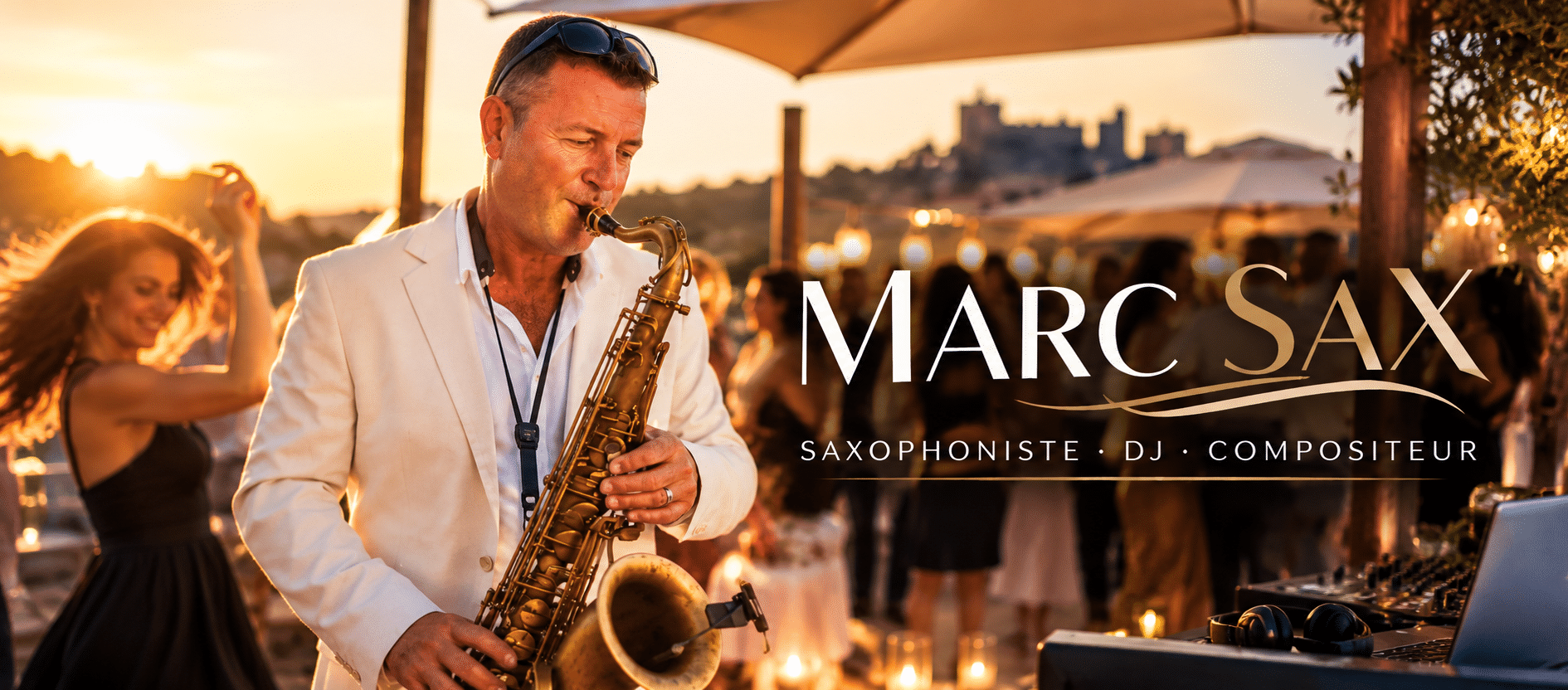 MARC SAX saxophoniste live dans une ambiance dorée et festive pour mariages et événements en Occitanie