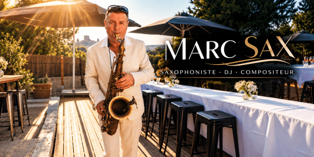 Marc Sax, saxophoniste, DJ et compositeur, jouant du saxophone sur une terrasse au coucher du soleil, avec la Cité de Carcassonne en arrière-plan.